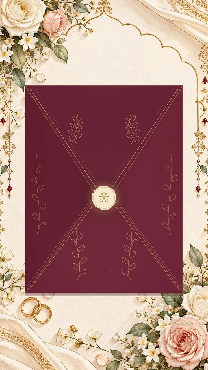 A burgundy envelope with fine gold ornament and an ivory wax seal